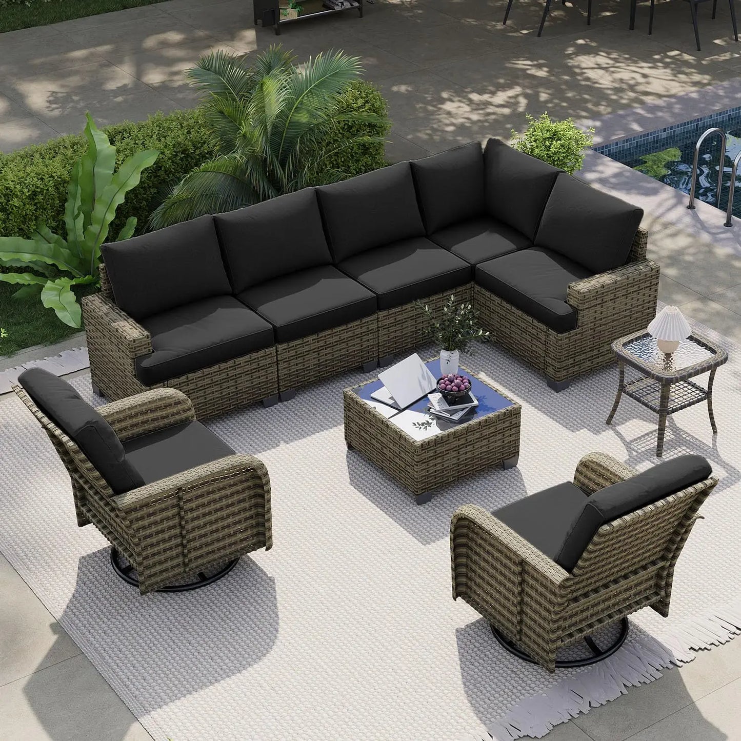 Nordivale Luxury Patio Furniture Set 9 Piece Outdoor Sectional Sofa All Weather Thickened Cushions Swivel Rocker Chairs Beige