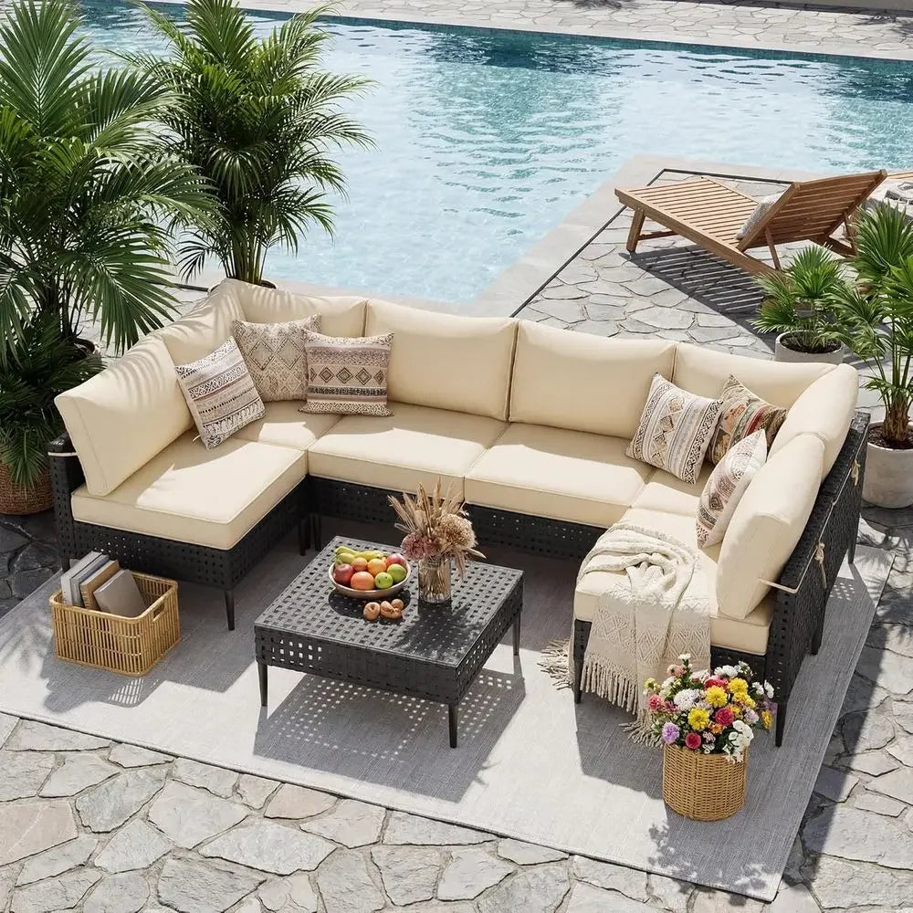 Wicker Patio urniture Set, 7-Piece ular Outdoor urniture Set, High-Leg Design Sectional Patio Soa with Glass Coee Table or Garde