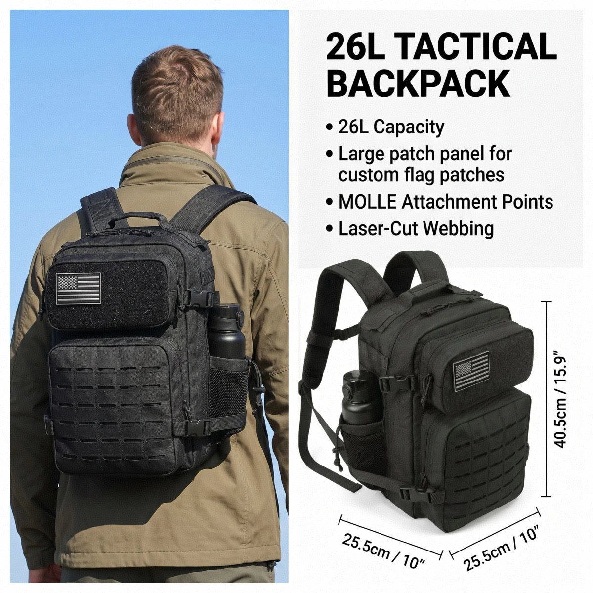 26L Tactical Backpack Men Women MOLLE Outdoor Survival Fitness Hiking Rucksack With Dual Double Cup Holders Camping Travel Daily Use Backpack