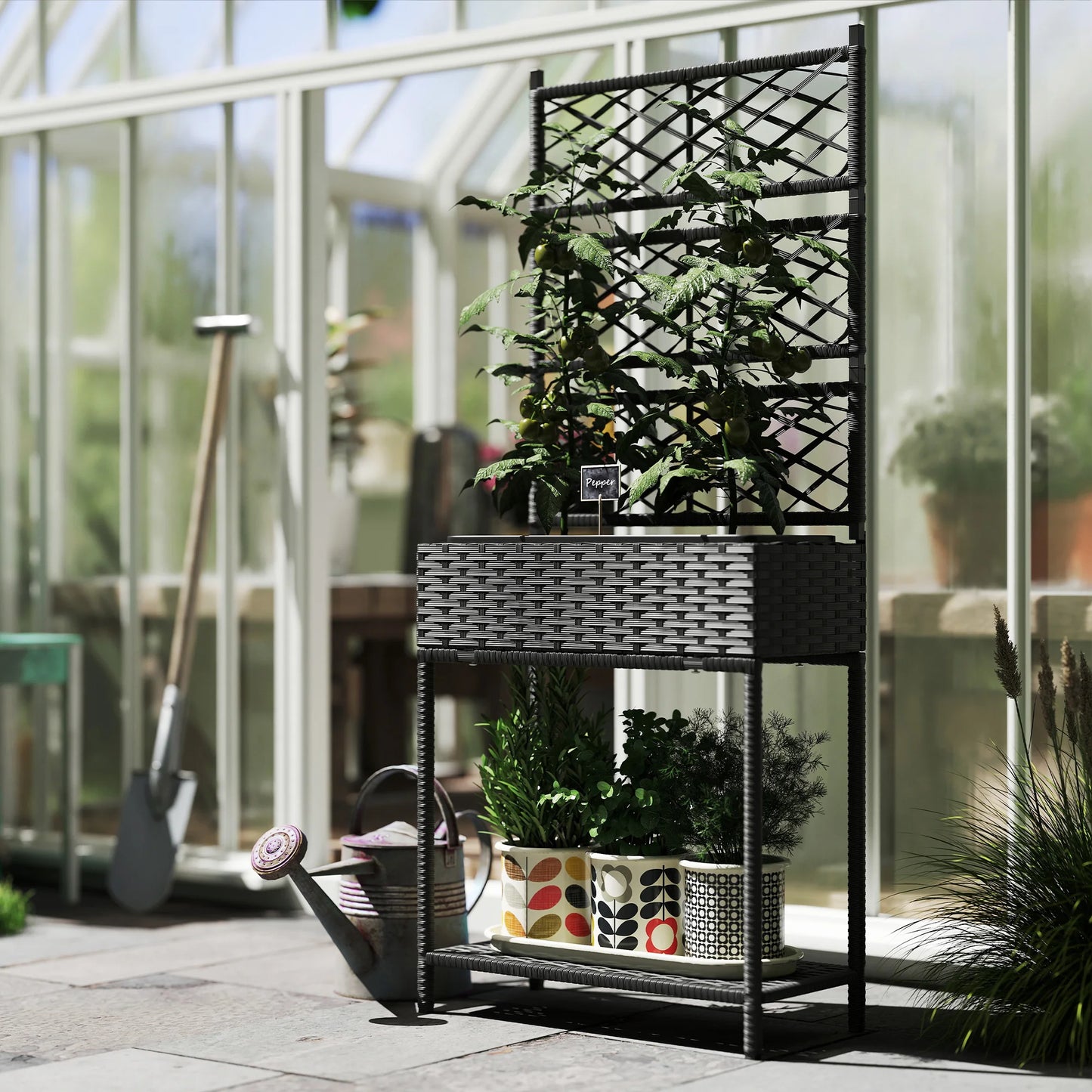 Rattan Raised Planter Box with Trellis and Storage Shelf, Black