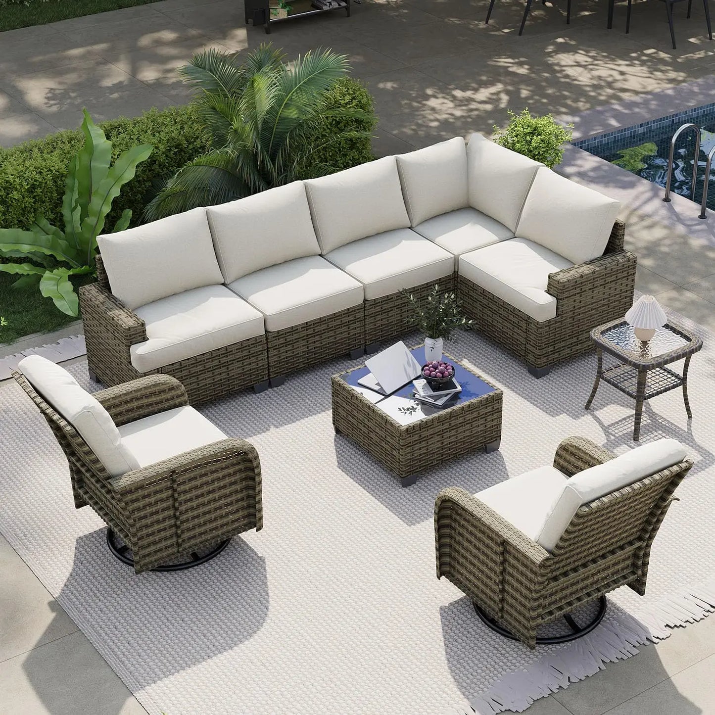 Nordivale Luxury Patio Furniture Set 9 Piece Outdoor Sectional Sofa All Weather Thickened Cushions Swivel Rocker Chairs Beige