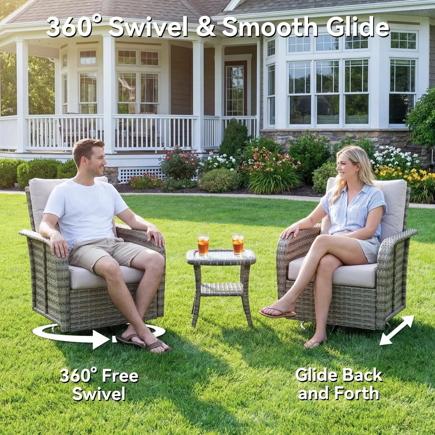 Nordivale Luxury Patio Furniture Set 9 Piece Outdoor Sectional Sofa All Weather Thickened Cushions Swivel Rocker Chairs Beige