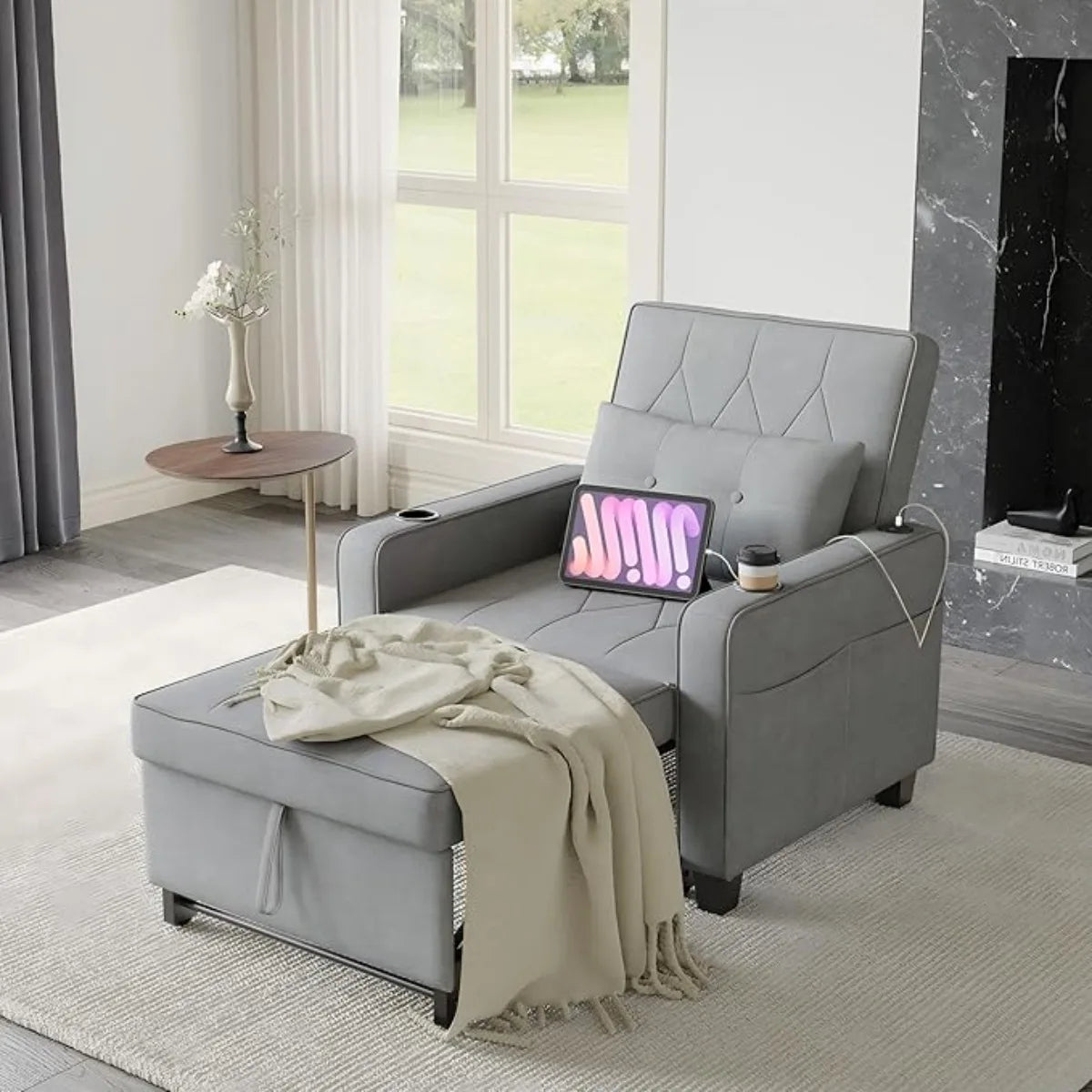 3 in 1 Convertible Sleeper Chair Bed Pull Out Sofa Chair Bed with Cup Holders,USB & Type C Ports,Side Pockets