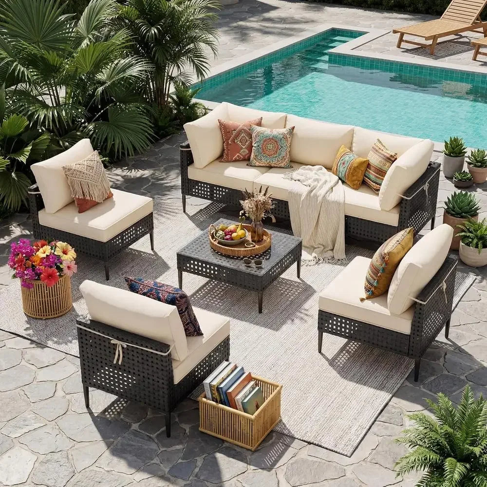 Wicker Patio urniture Set, 7-Piece ular Outdoor urniture Set, High-Leg Design Sectional Patio Soa with Glass Coee Table or Garde