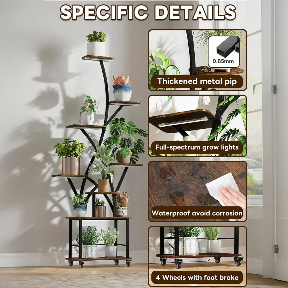 Plant Stand with Grow Light, 8 Tiered 64" Tall Metal Shelves for Multiple Plants, Lighted for Balcony, Living Room