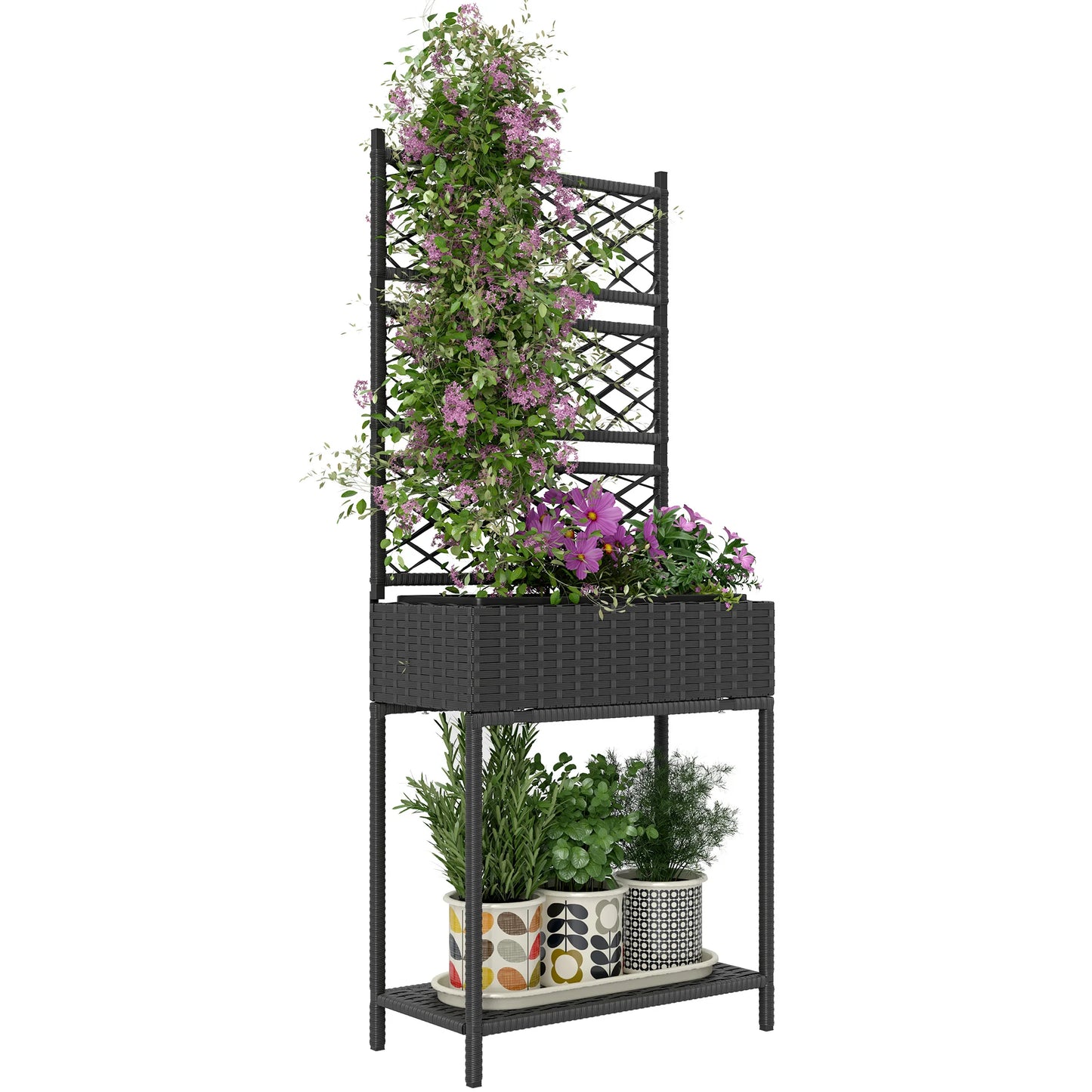 Rattan Raised Planter Box with Trellis and Storage Shelf, Black