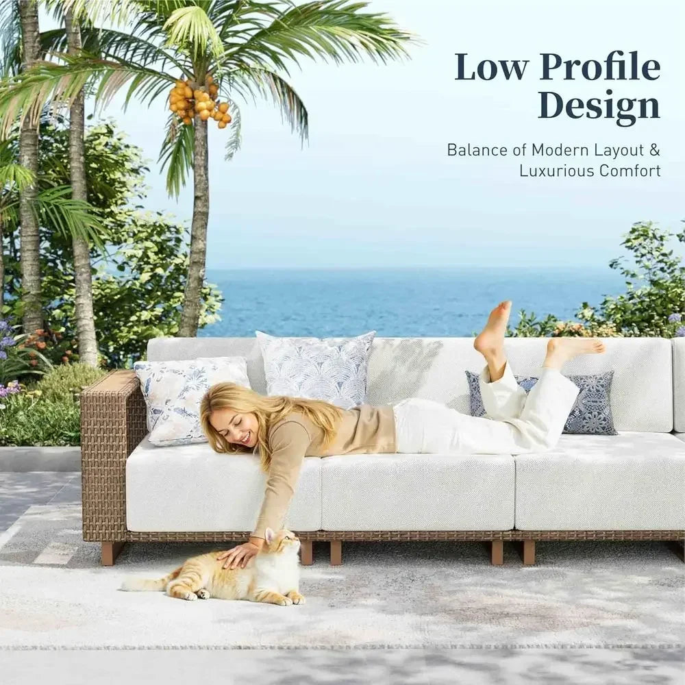 L-Shaped Outdoor Sectional Sofa with 10 Thick Cushions, Yellow Wicker Patio Furniture Set for Lawn and Garden