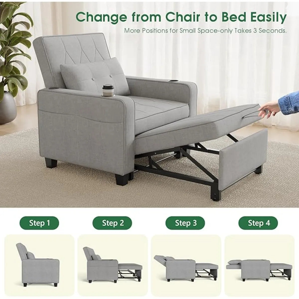 3 in 1 Convertible Sleeper Chair Bed Pull Out Sofa Chair Bed with Cup Holders,USB & Type C Ports,Side Pockets