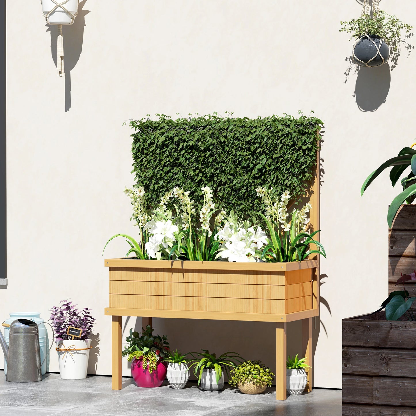 Raised Garden Bed with Trellis for Climbing Plants, Natural