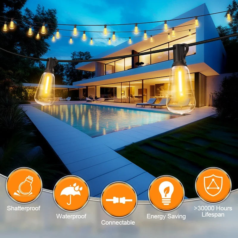 T38 Outdoor Led String Lights - Ip65 Waterproof & Shatterproof Led Patio Lights, Durable Design For Backyard, Garden, Balcony, Commercial/Residential Use, Connectable (50/100/150/200Ft Length), Outdoor Decorative Lighting, He