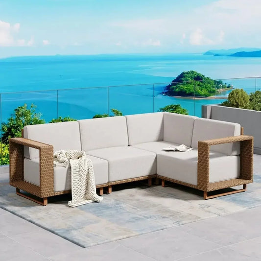 L-Shaped Outdoor Sectional Sofa with 10 Thick Cushions, Yellow Wicker Patio Furniture Set for Lawn and Garden