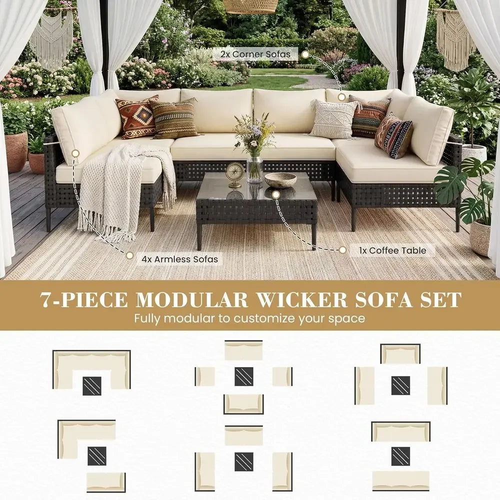 Wicker Patio urniture Set, 7-Piece ular Outdoor urniture Set, High-Leg Design Sectional Patio Soa with Glass Coee Table or Garde