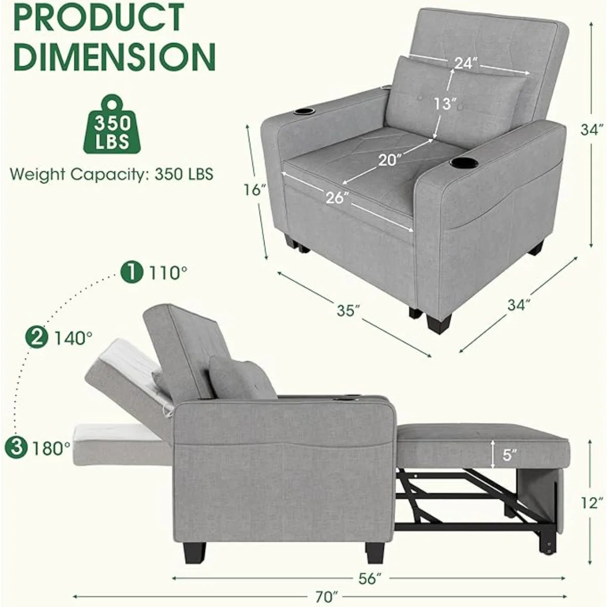 3 in 1 Convertible Sleeper Chair Bed Pull Out Sofa Chair Bed with Cup Holders,USB & Type C Ports,Side Pockets