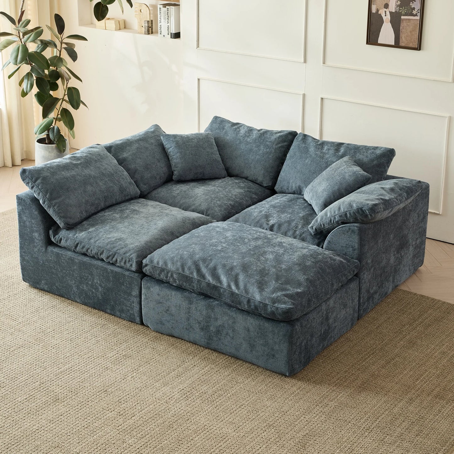 Yeflixvrau Modern Cloud L-Shaped Chenille Modular Sofa With Ottoman