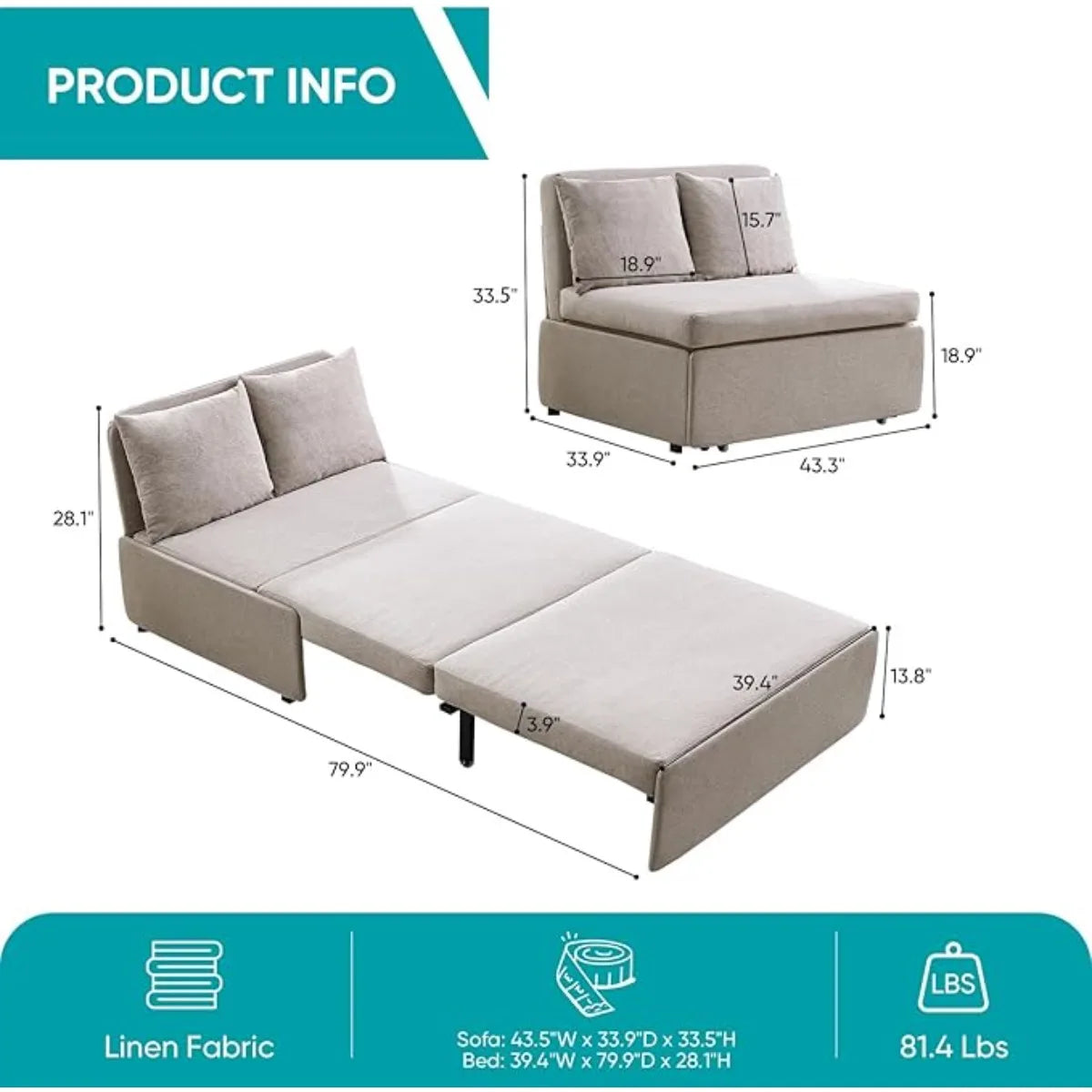 43" W Twin Size Pull Out Sleeper Sofa Bed Couch with Pullout Beds, 2 in 1 Convertible Linen Sleepers Single Sofas Chair