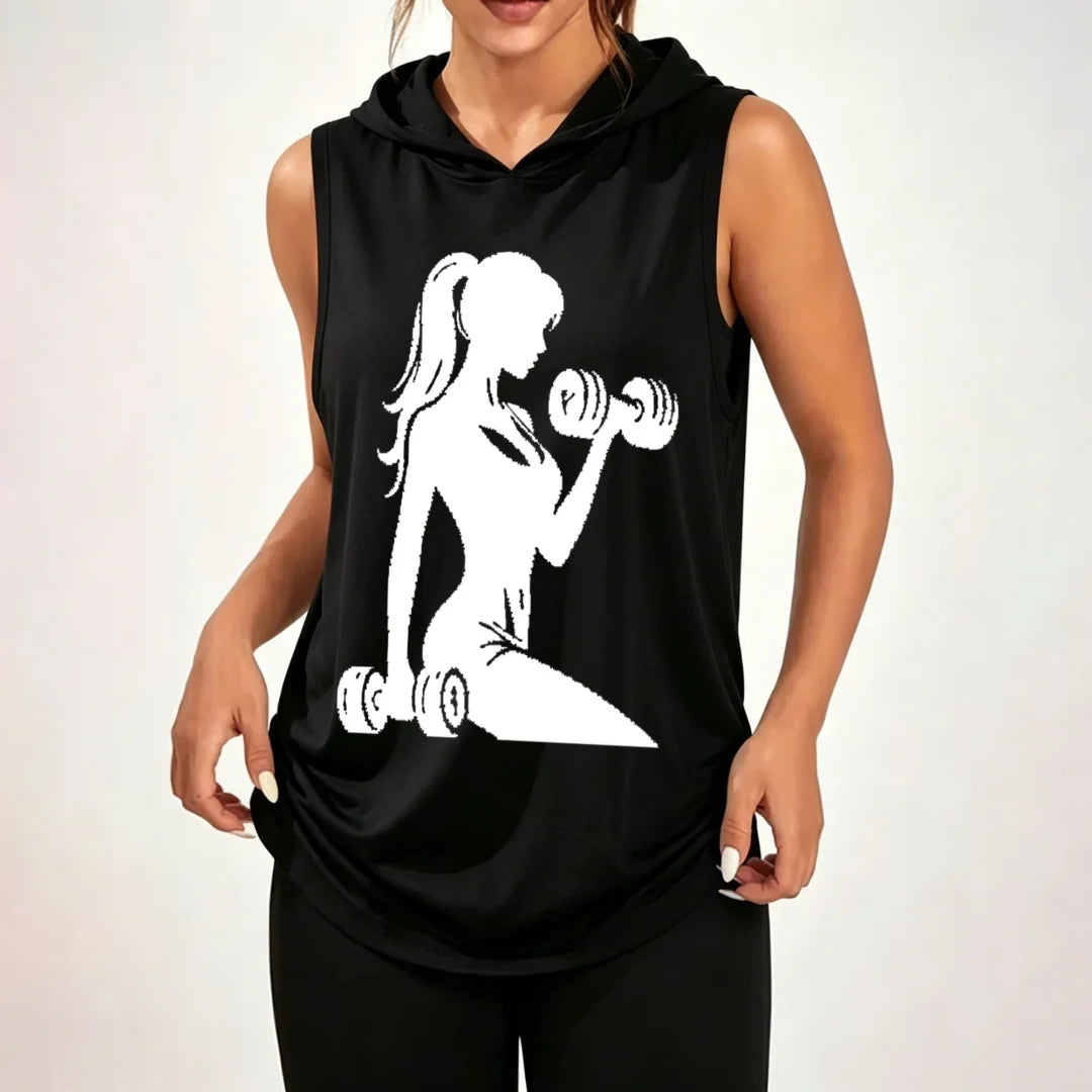 Unisex Sleeveless Hoodie With Pixel Art Fitness Girl And Dumbbells