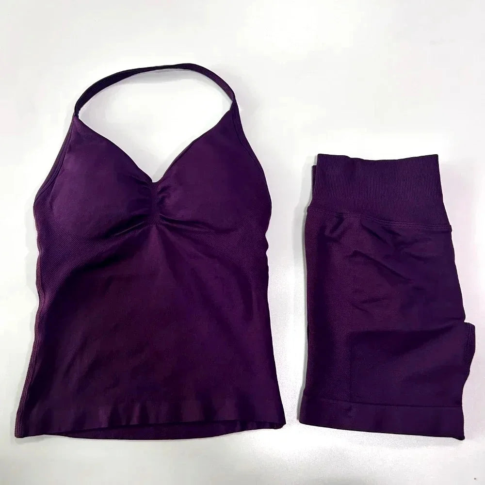 2 Piece Gym Yoga Set Backless Tank Tops Seamless Shorts