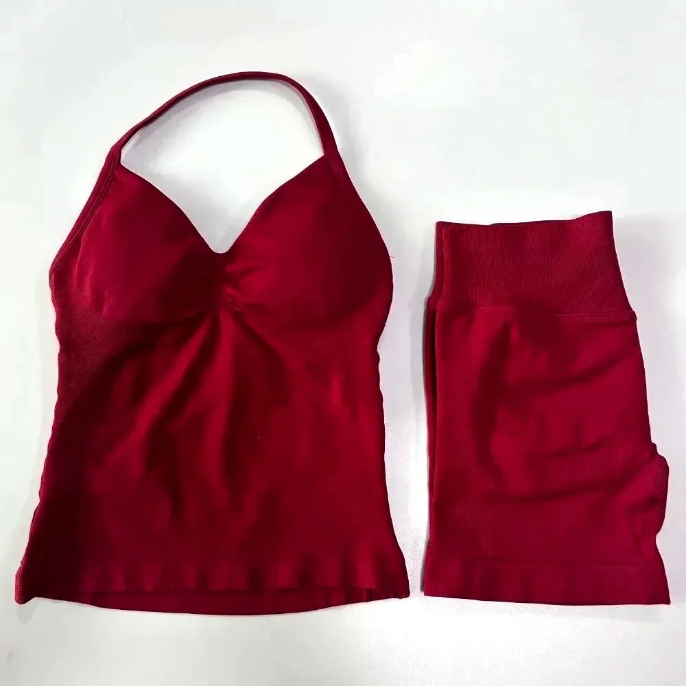 Women Halter Neck Sports Bra Shorts Set For Yoga Fitness