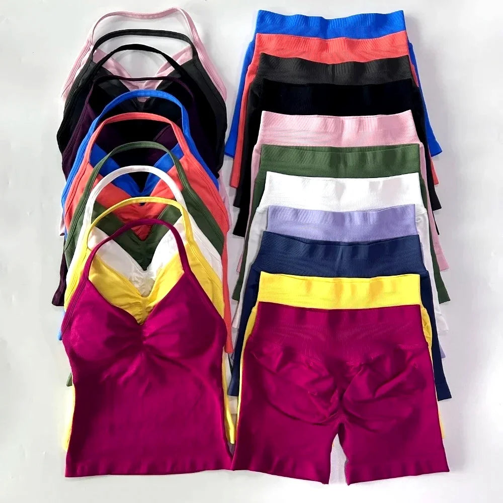 2 Piece Gym Yoga Set Backless Tank Tops Seamless Shorts