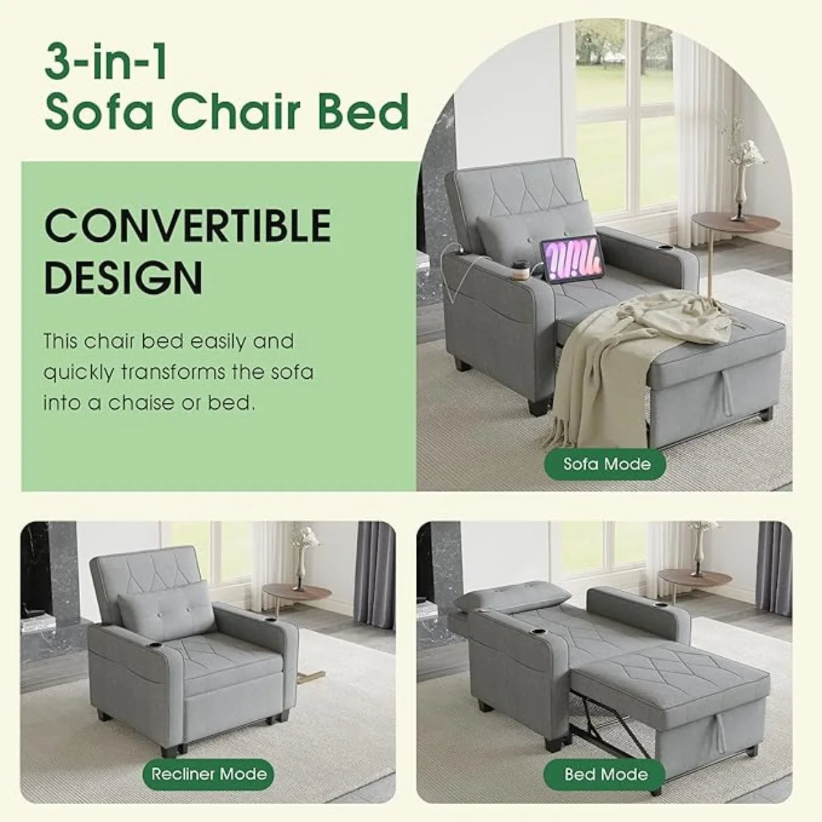 3 in 1 Convertible Sleeper Chair Bed Pull Out Sofa Chair Bed with Cup Holders,USB & Type C Ports,Side Pockets