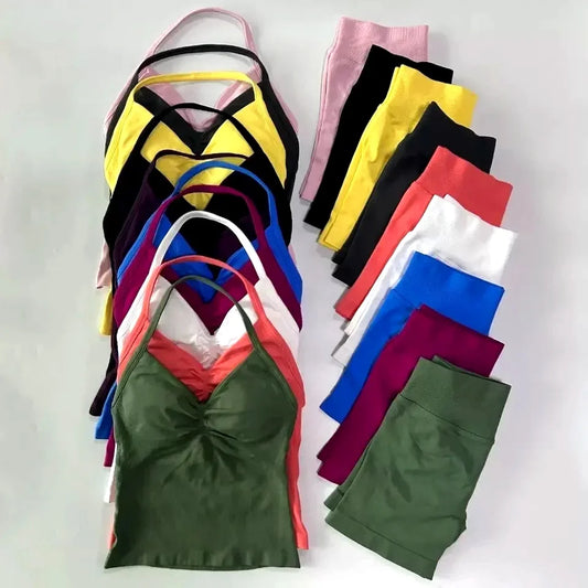 Women Halter Neck Sports Bra Shorts Set For Yoga Fitness