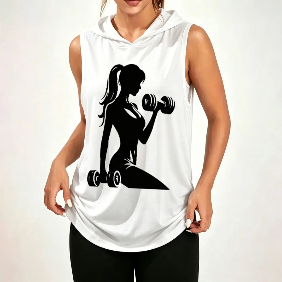 Unisex Sleeveless Hoodie With Pixel Art Fitness Girl And Dumbbells