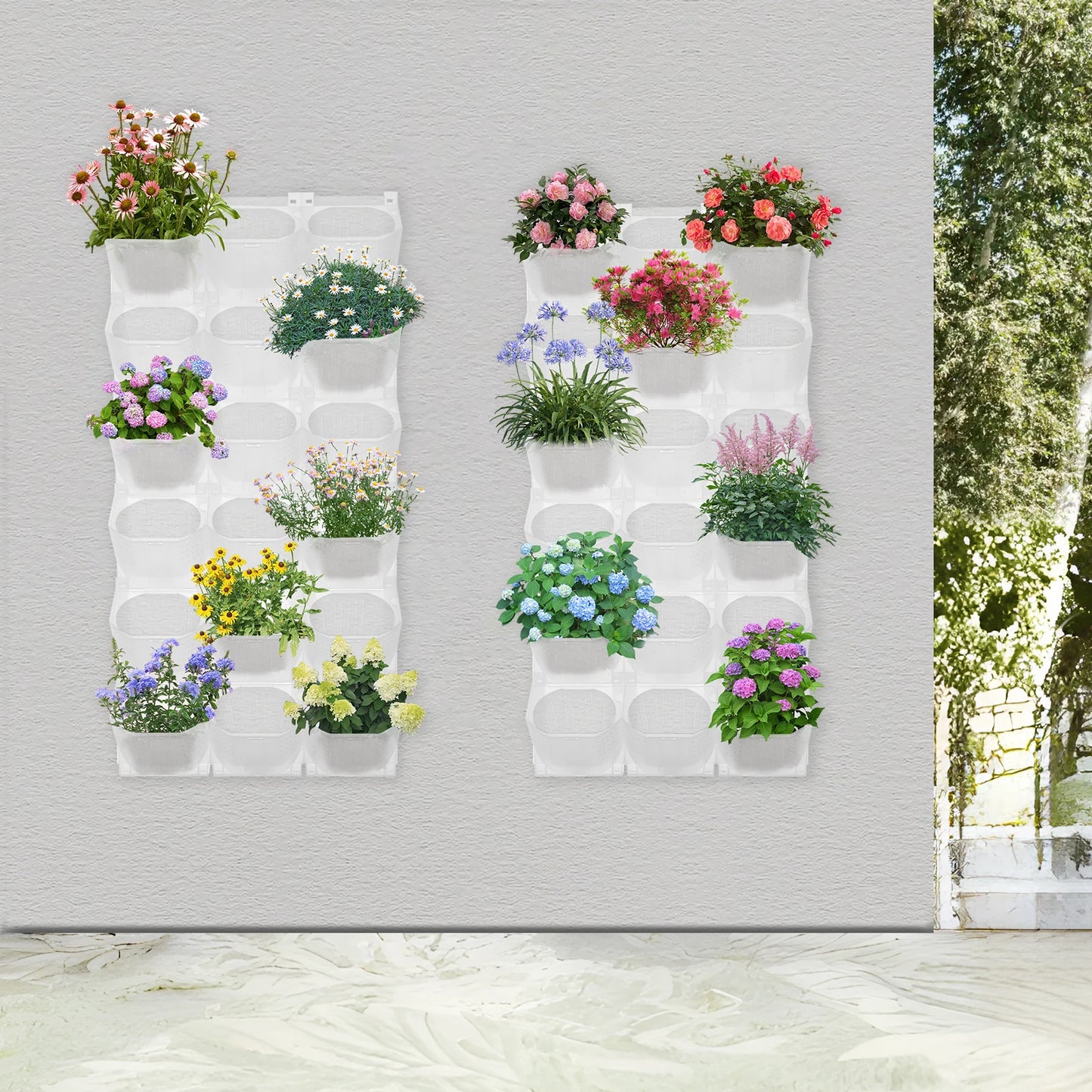 Wall-Mounted Flower Pot Holder with 36 Pots Non-Woven Fabric Plant Health-Boosting Structure 0.86-inch Stacking Height for Home Garden