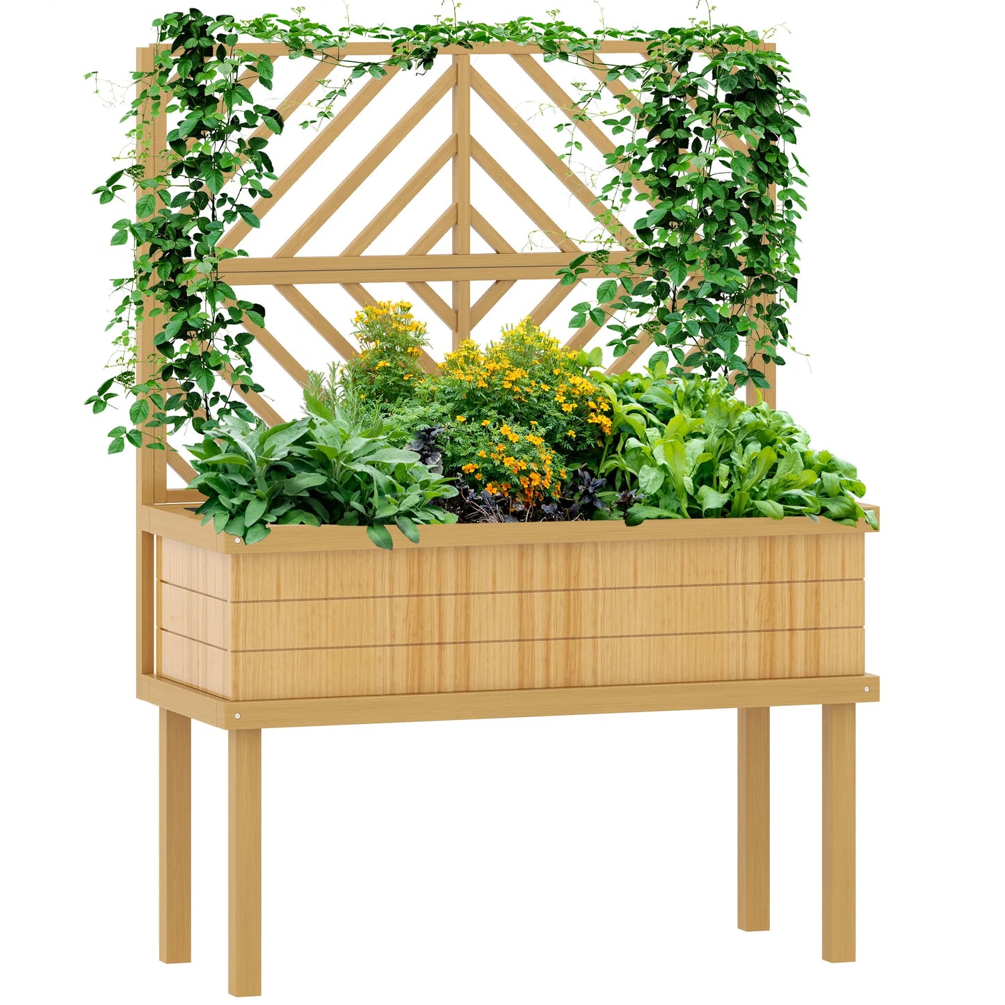 Raised Garden Bed with Trellis for Climbing Plants, Natural