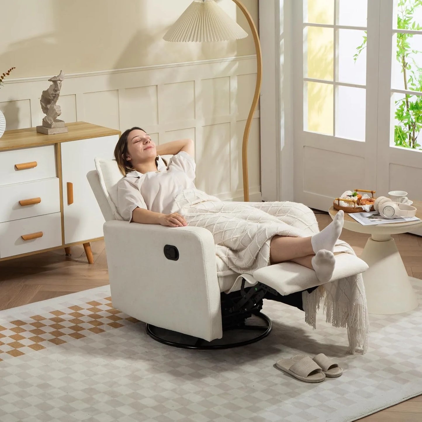 360 Degree Swivel Rocking Glider Chair Manual Recliner High Backrest Comfy Modern Armchair for Nursery Living Room White