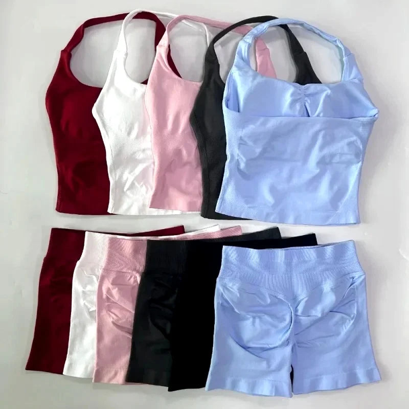 2 Piece Gym Yoga Set Backless Tank Tops Seamless Shorts