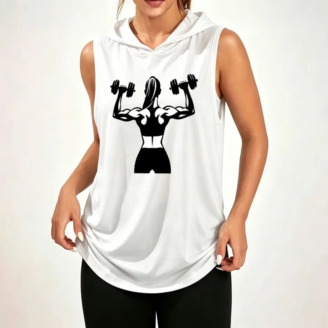 Women's Sleeveless Hooded Tank Top With Dumbbell Graphic Polyester