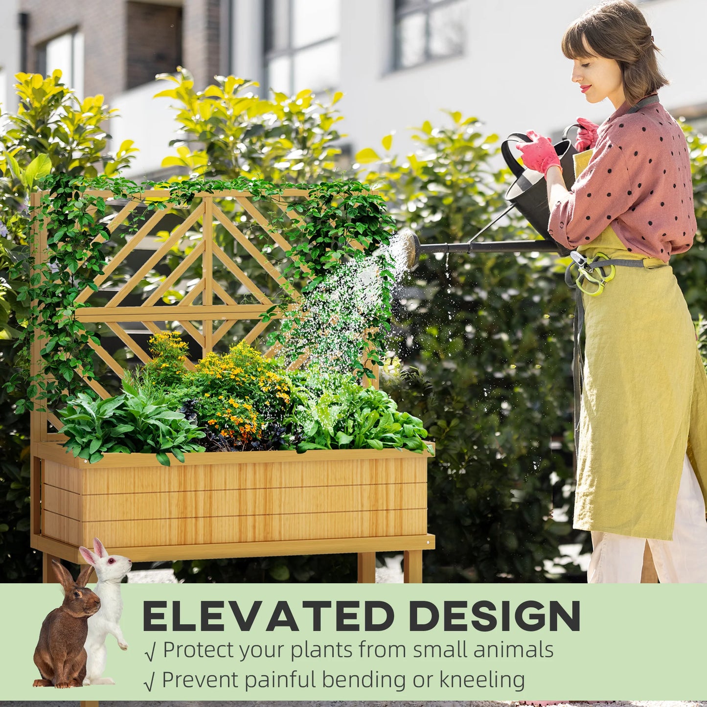Raised Garden Bed with Trellis for Climbing Plants, Natural