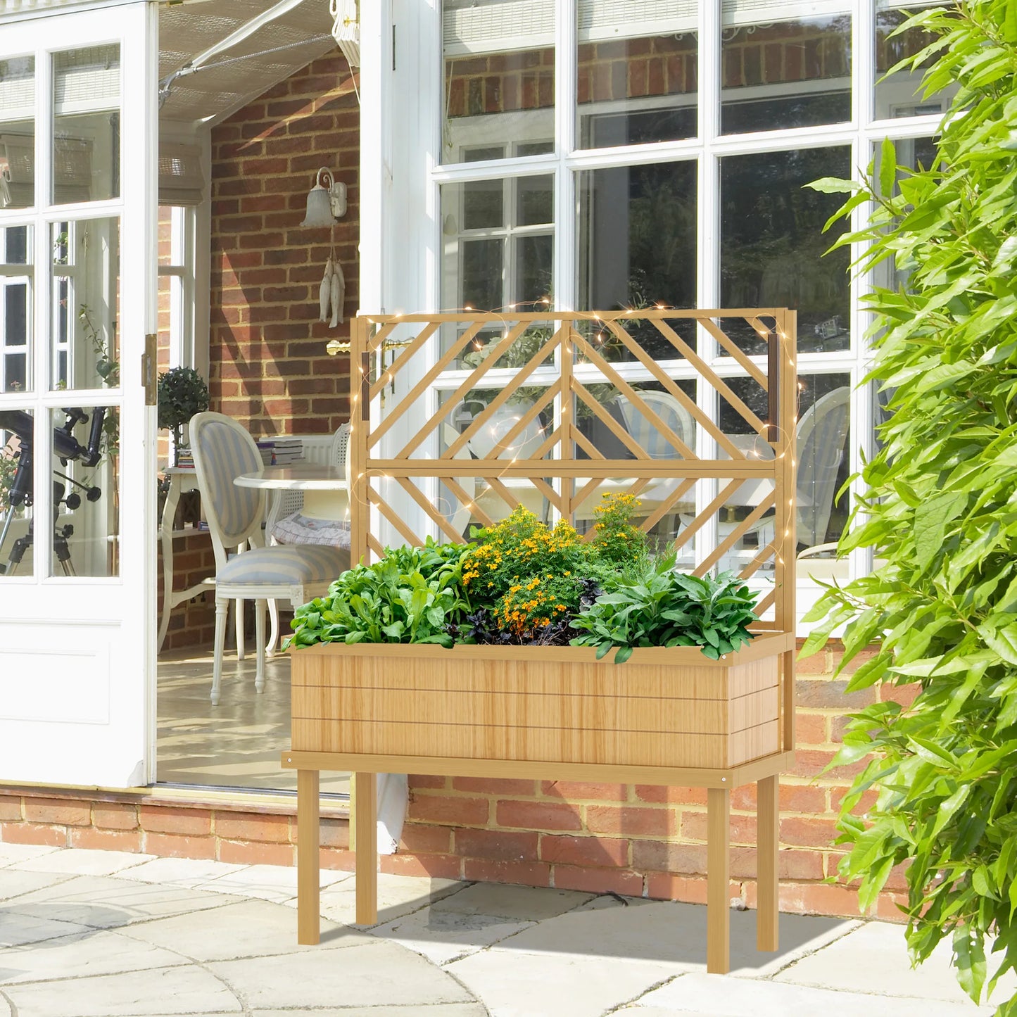 Raised Garden Bed with Trellis for Climbing Plants, Natural