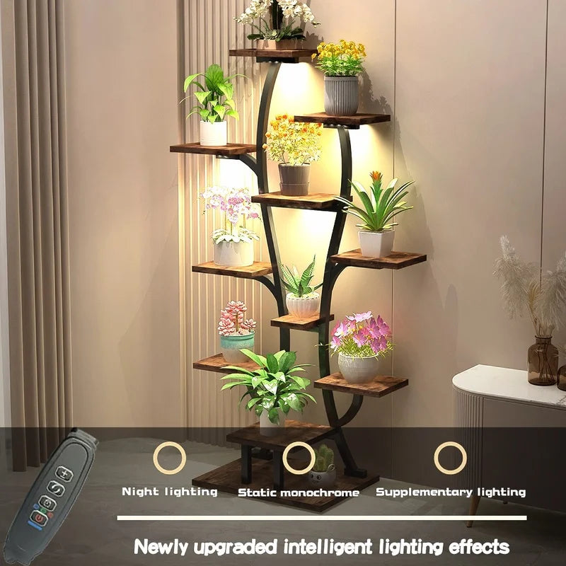 Vase-Shaped Indoor Plant Stand with Grow Lights, Metal Flower Holder Shelf for Home and Patio