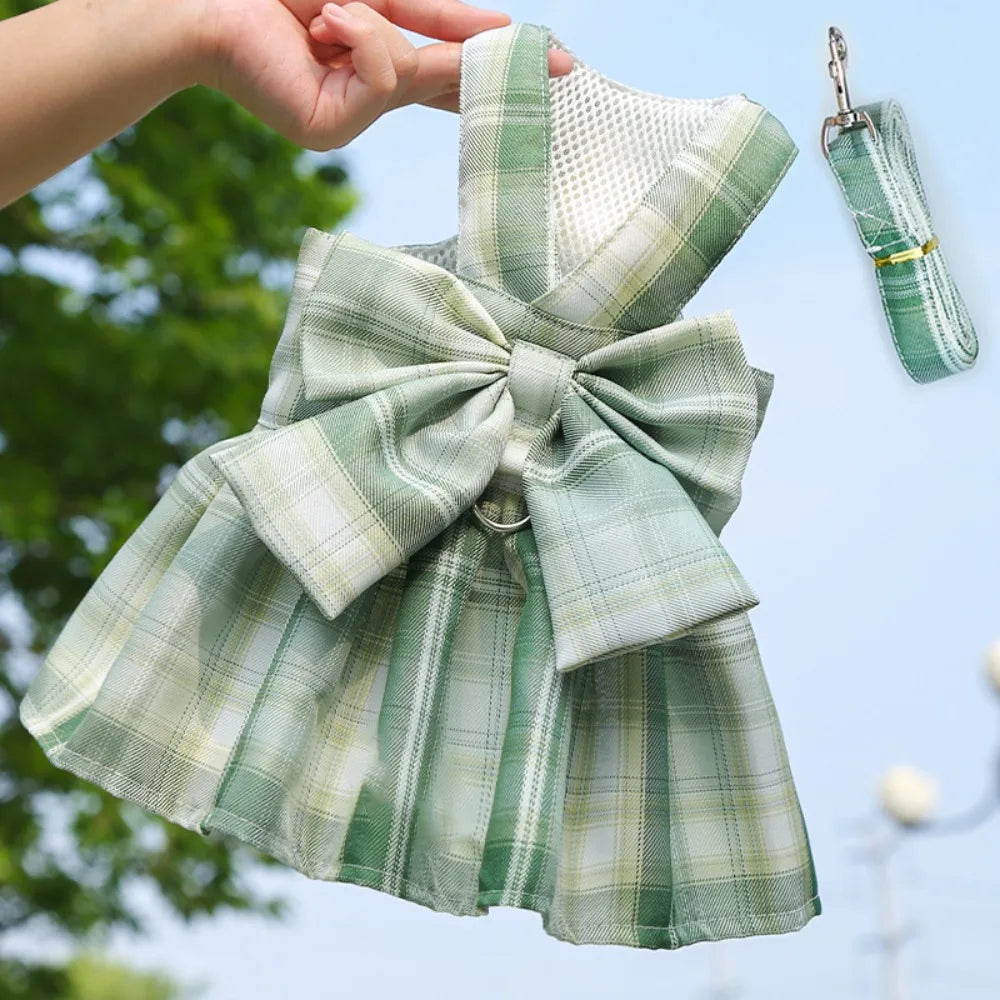 Dog Plaid JK Dress Dacron Coat With Leash Compatible Fashion
