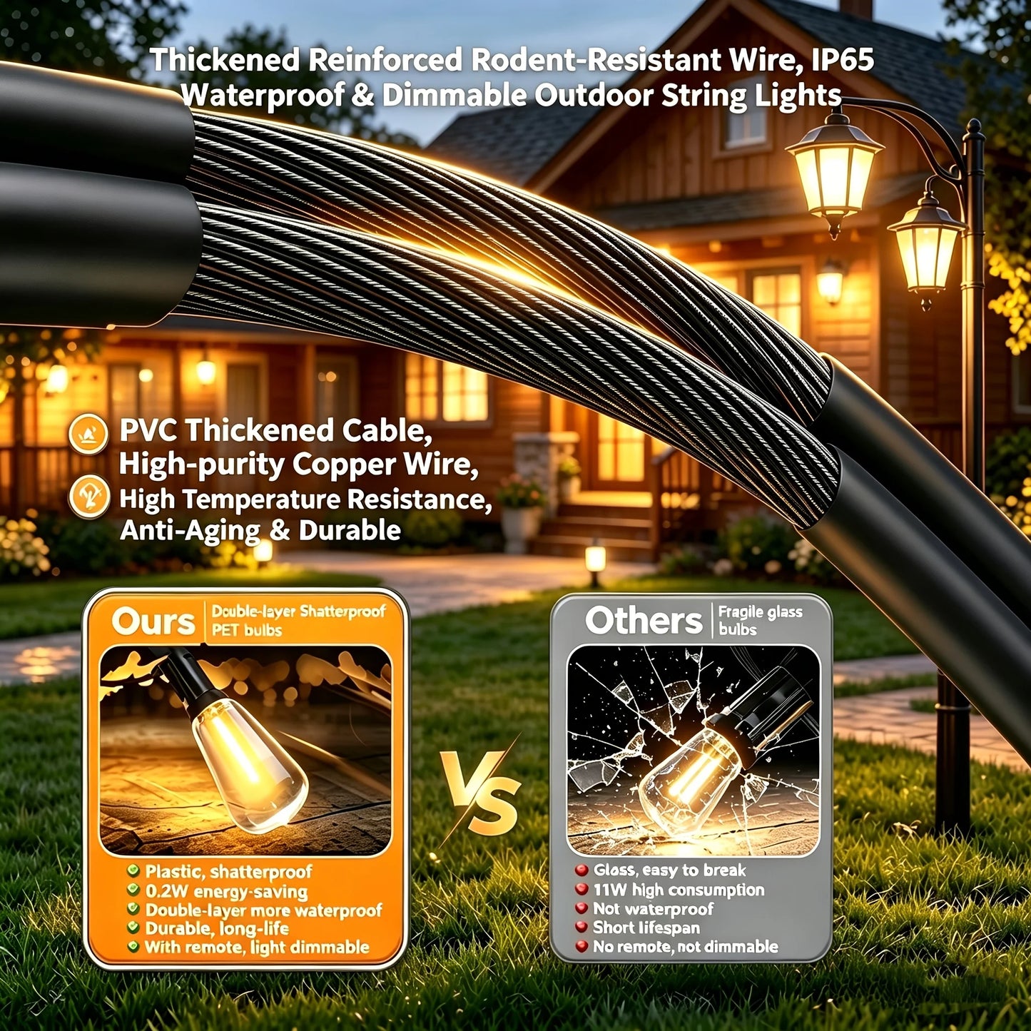 T38 Outdoor Led String Lights - Ip65 Waterproof & Shatterproof Led Patio Lights, Durable Design For Backyard, Garden, Balcony, Commercial/Residential Use, Connectable (50/100/150/200Ft Length), Outdoor Decorative Lighting, He