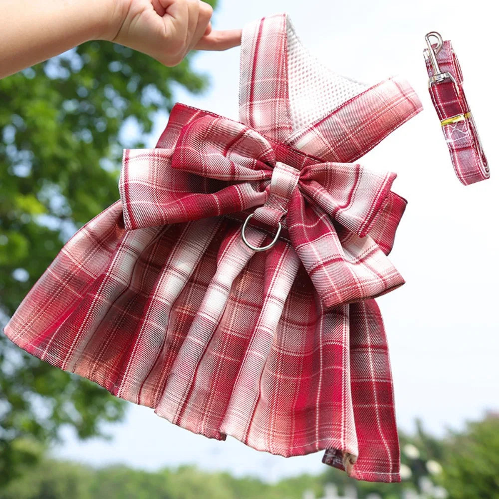 Dog Plaid JK Dress Dacron Coat With Leash Compatible Fashion