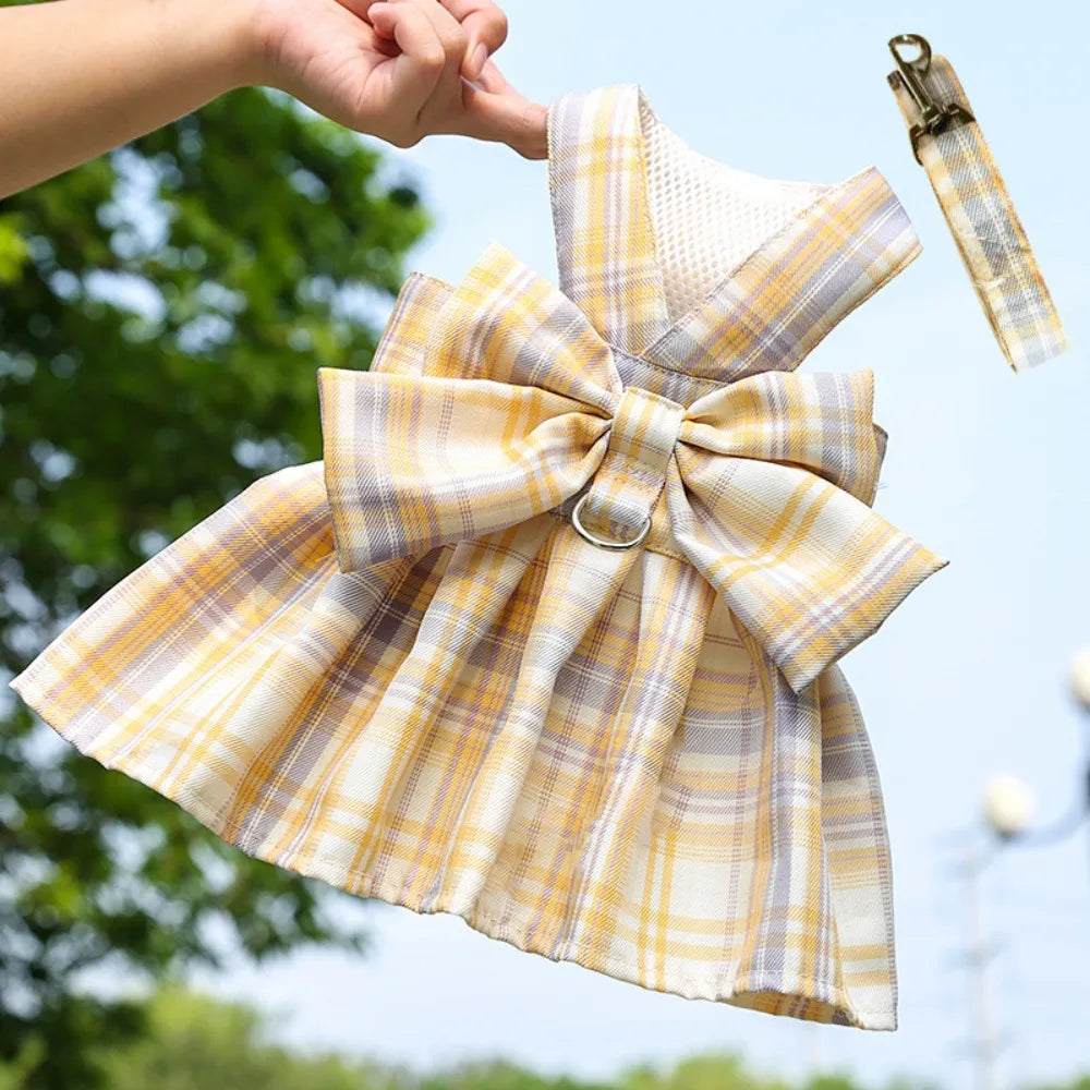 Dog Plaid JK Dress Dacron Coat With Leash Compatible Fashion
