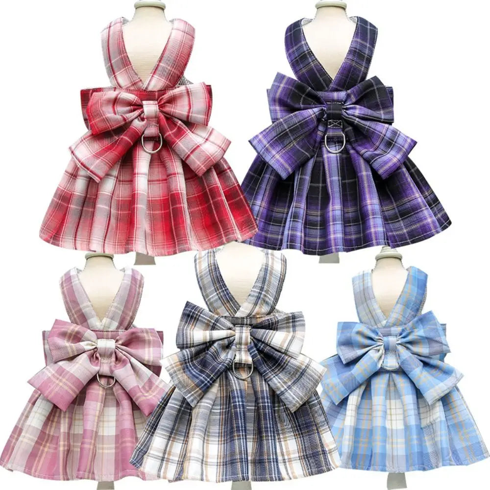 Dog Plaid JK Dress Dacron Coat With Leash Compatible Fashion