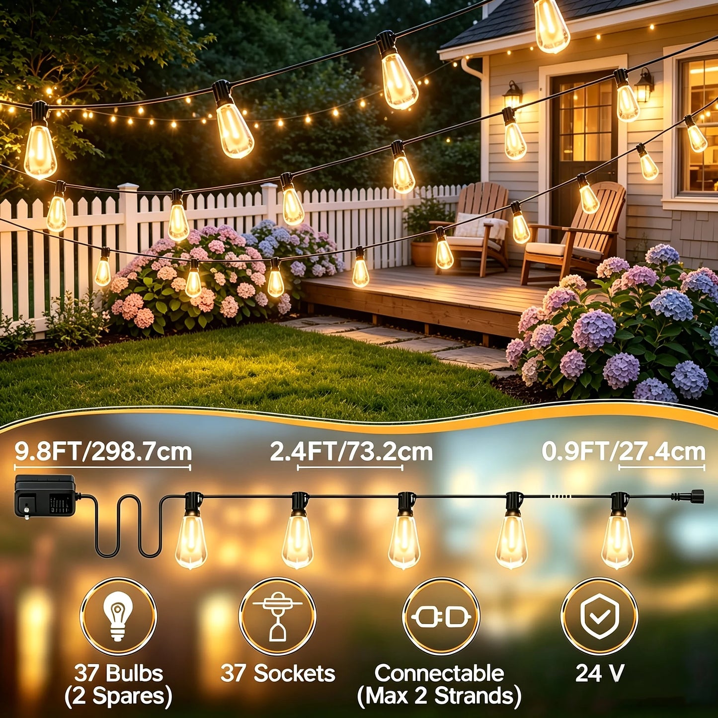 T38 Outdoor Led String Lights - Ip65 Waterproof & Shatterproof Led Patio Lights, Durable Design For Backyard, Garden, Balcony, Commercial/Residential Use, Connectable (50/100/150/200Ft Length), Outdoor Decorative Lighting, He