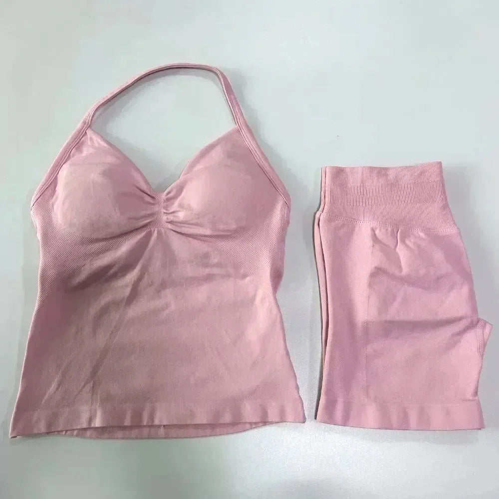 Women Halter Neck Sports Bra Shorts Set For Yoga Fitness