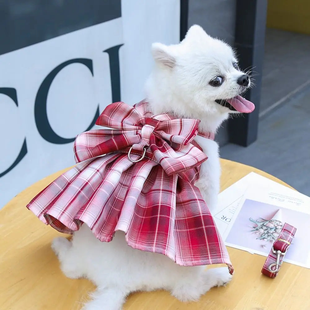 Dog Plaid JK Dress Dacron Coat With Leash Compatible Fashion