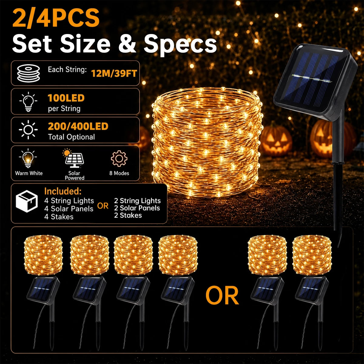 2/4Pack 100 LED Solar Copper Wire String Lights – 8 Twinkling Modes Fairy Lights for Outdoor Patio, Fence, Garden, Yard, Home, Holiday Tree Party Halloween Decor
