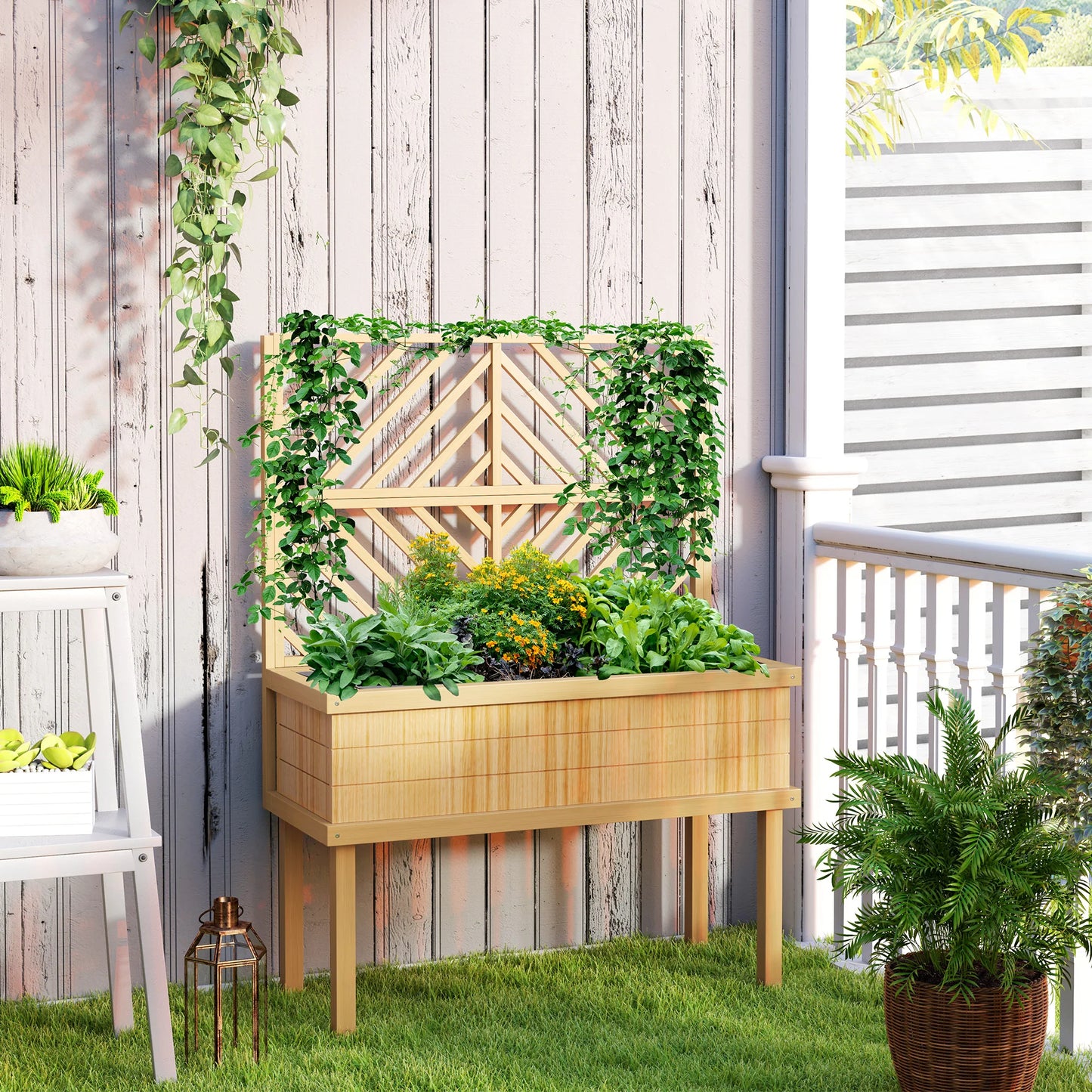 Raised Garden Bed with Trellis for Climbing Plants, Natural