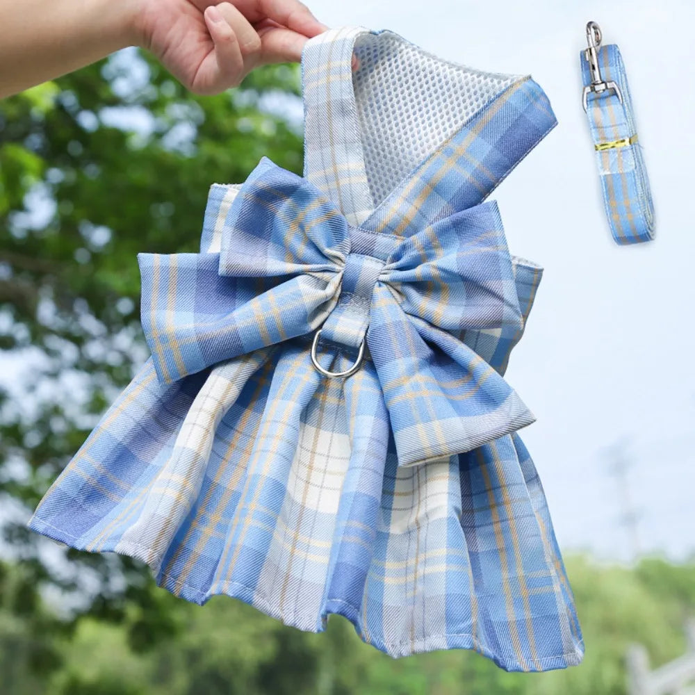 Dog Plaid JK Dress Dacron Coat With Leash Compatible Fashion