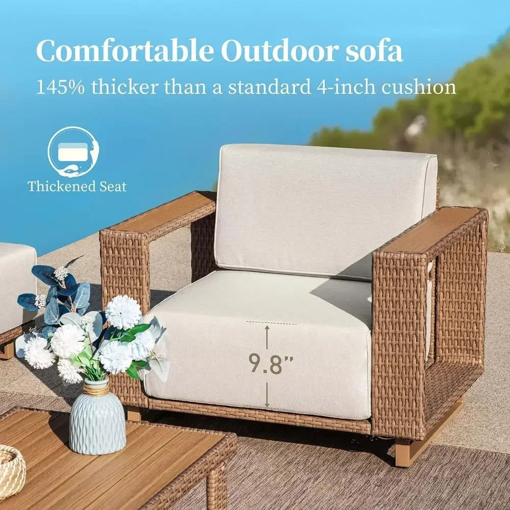L-Shaped Outdoor Sectional Sofa with 10 Thick Cushions, Yellow Wicker Patio Furniture Set for Lawn and Garden