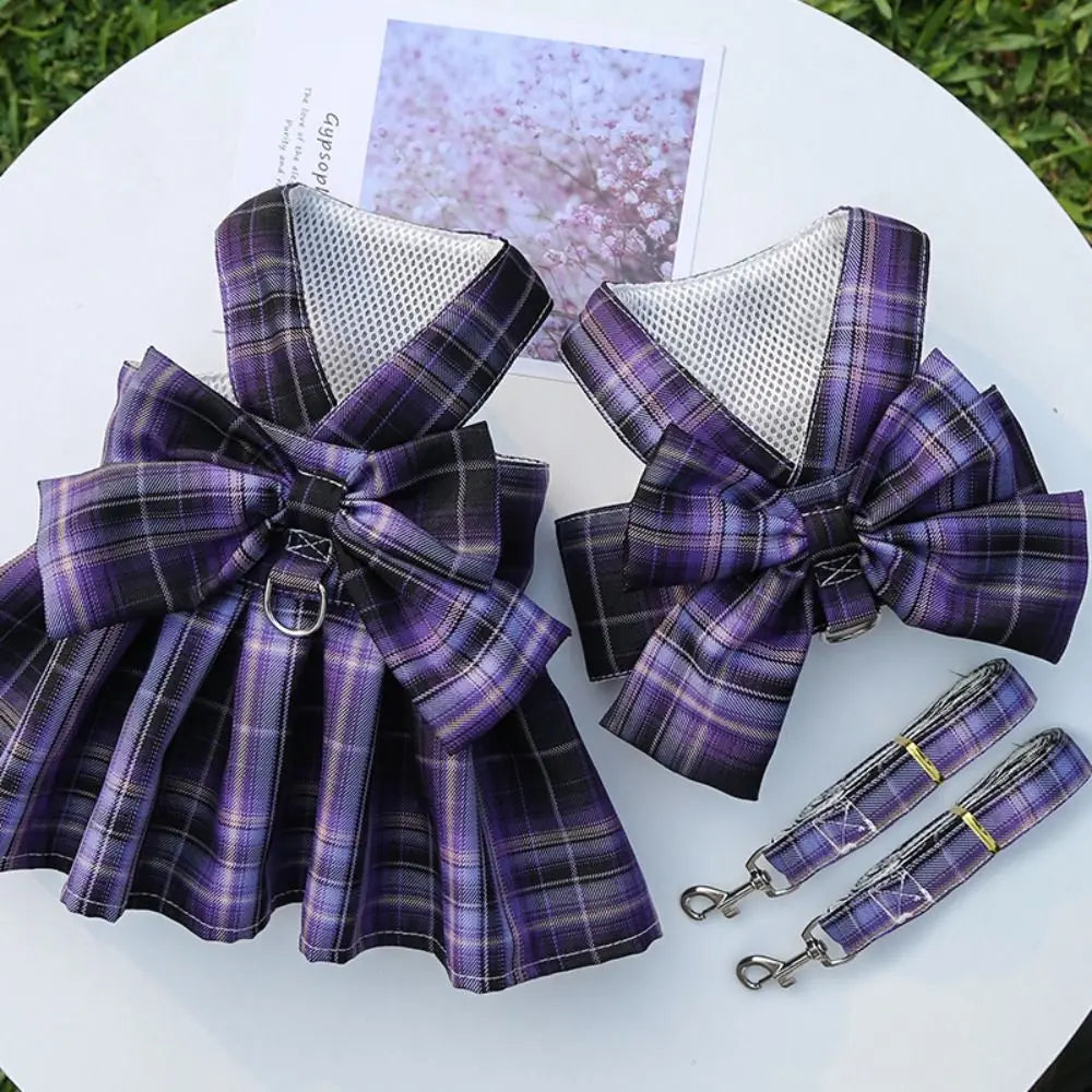 Dog Plaid JK Dress Dacron Coat With Leash Compatible Fashion