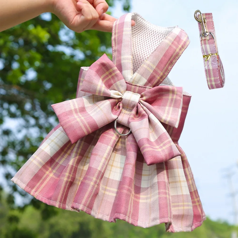 Dog Plaid JK Dress Dacron Coat With Leash Compatible Fashion
