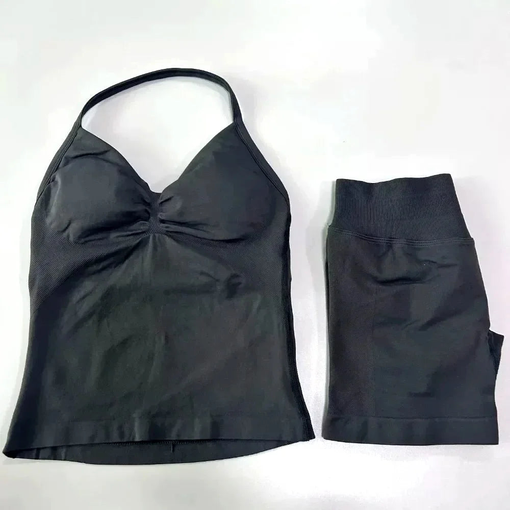 Women Halter Neck Sports Bra Shorts Set For Yoga Fitness