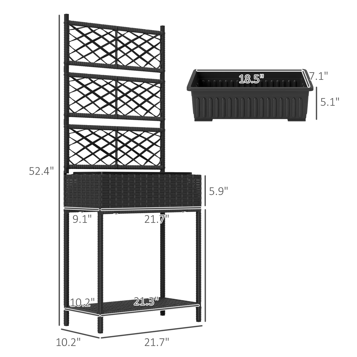 Rattan Raised Planter Box with Trellis and Storage Shelf, Black